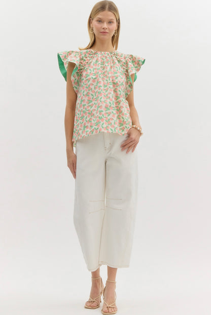 Pink Floral Flutter Sleeve Top