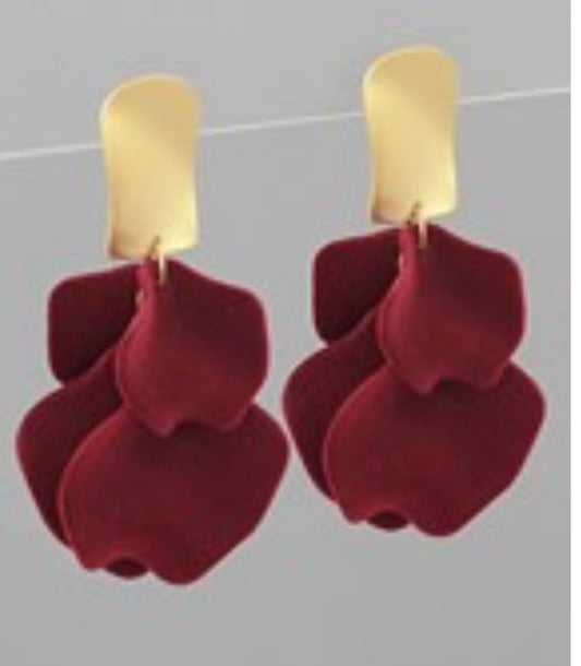 Burgundy Velvet Petal Drop Earrings