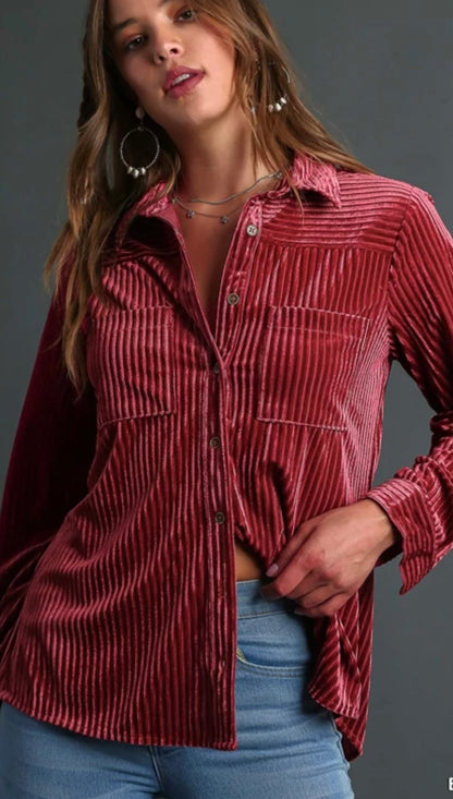 Berry Stripe Textured Velvet Button Up