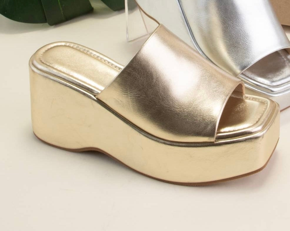 PLATFORM WEDGE HEEL SLIP-ON SANDAL: Gold Only