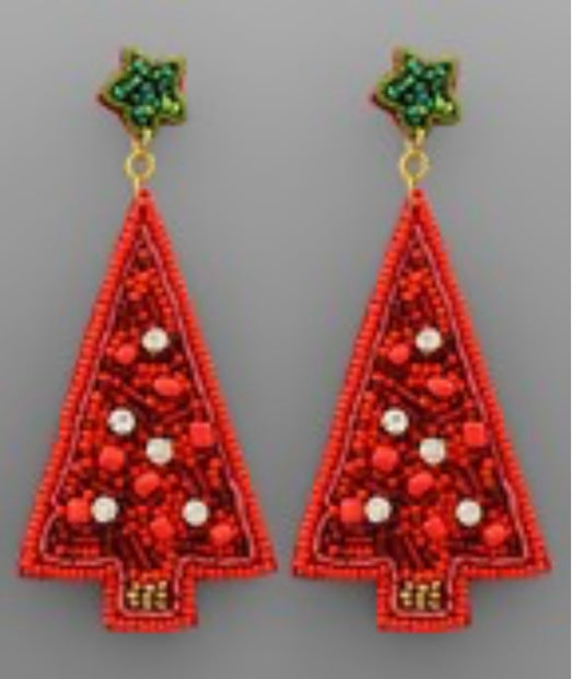 Christmas Tree Bead Earrings Red