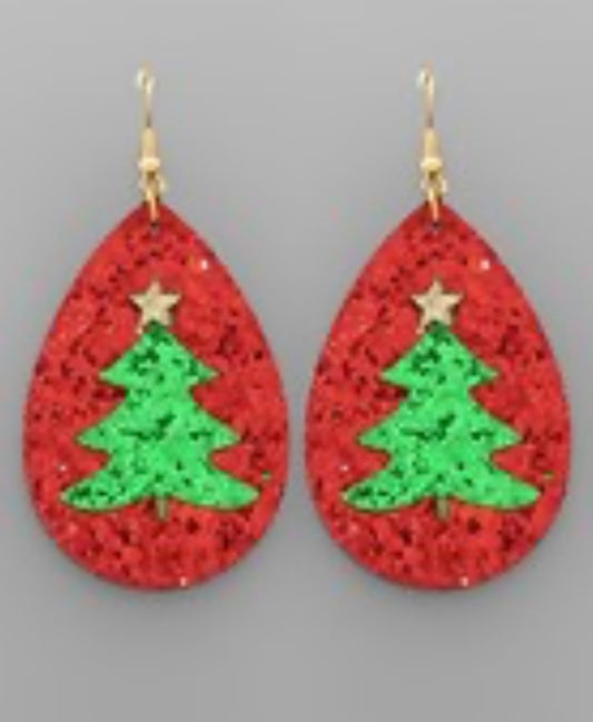 Glitter Christmas Tree Earrings Red or Gold