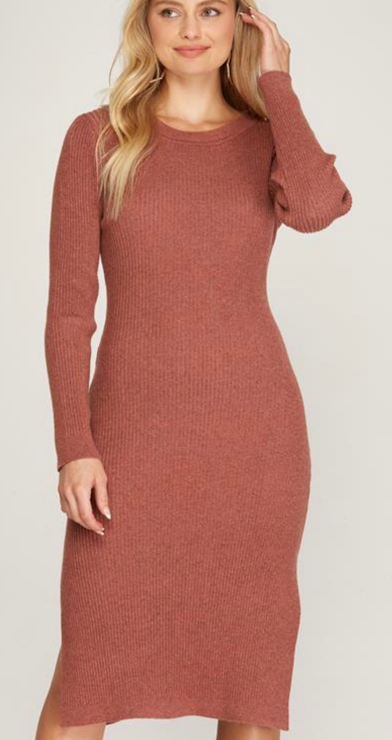 Cinnamon Long Sleeve Knit Dress with Slit