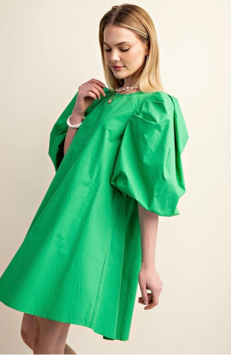 Green with envy puff sleeve mini dress with side pockets