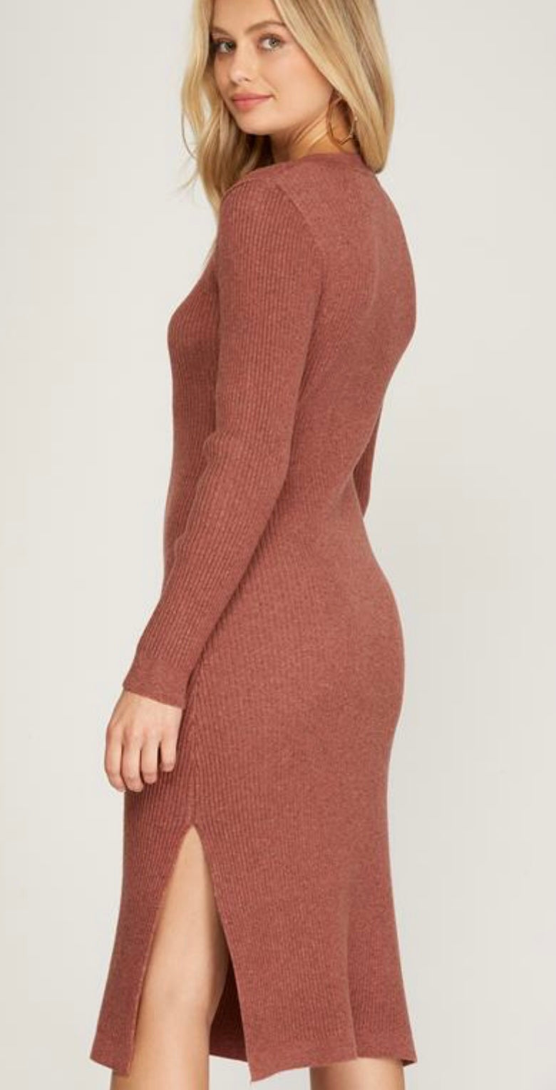 Cinnamon Long Sleeve Knit Dress with Slit