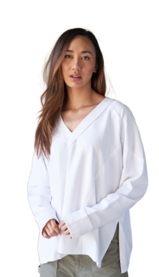 V-neck long sleeve jersey top - white