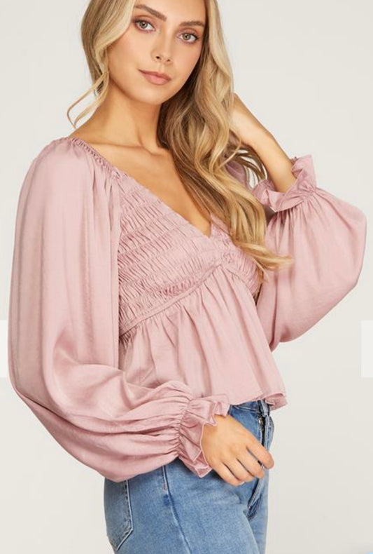 Misty L/S Smocked Woven Crop Pink