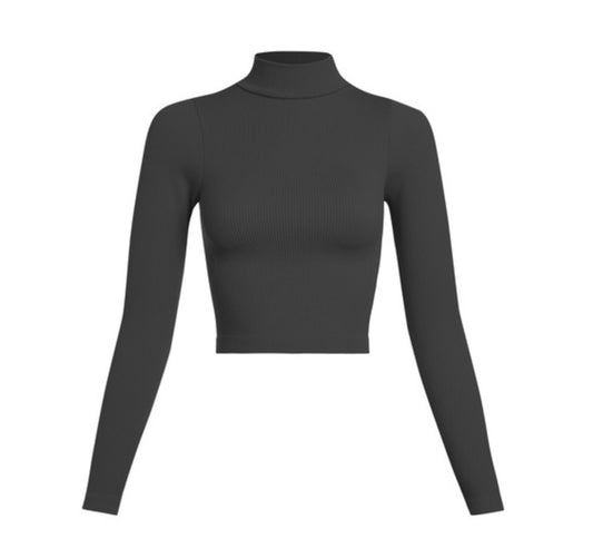 Black Ribbed High Neck Crop One Size