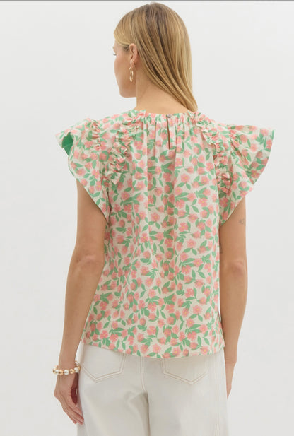 Pink Floral Flutter Sleeve Top