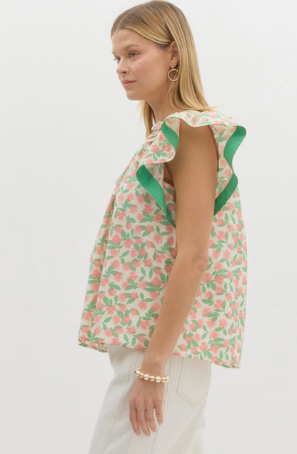 Pink Floral Flutter Sleeve Top