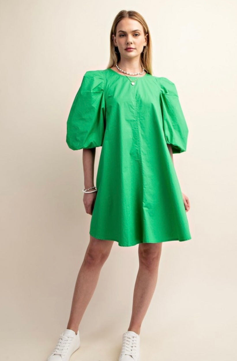 Green with envy puff sleeve mini dress with side pockets