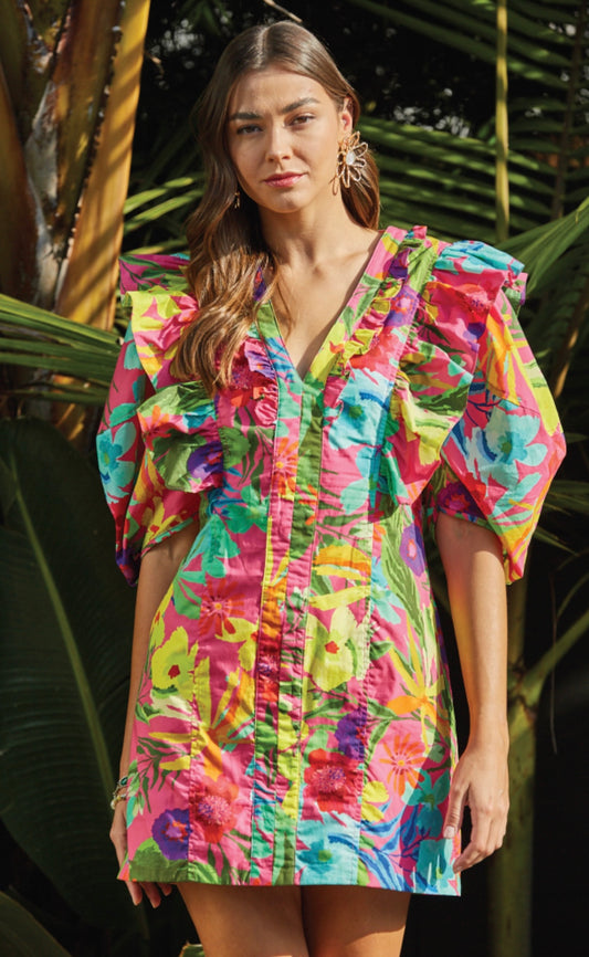 Tropical Print Poplin Dress