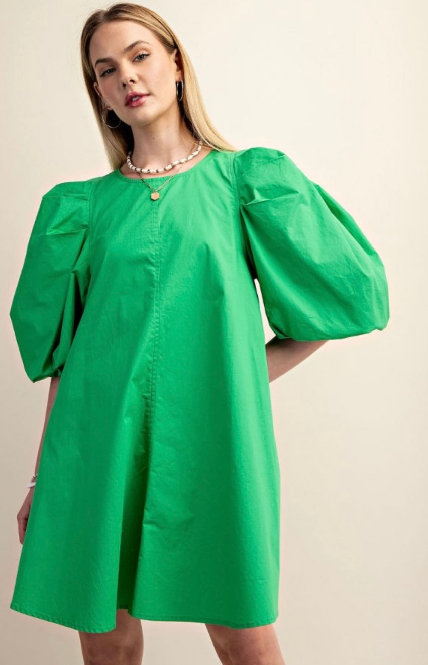 Green with envy puff sleeve mini dress with side pockets