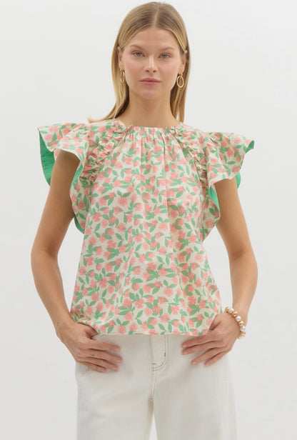 Pink Floral Flutter Sleeve Top