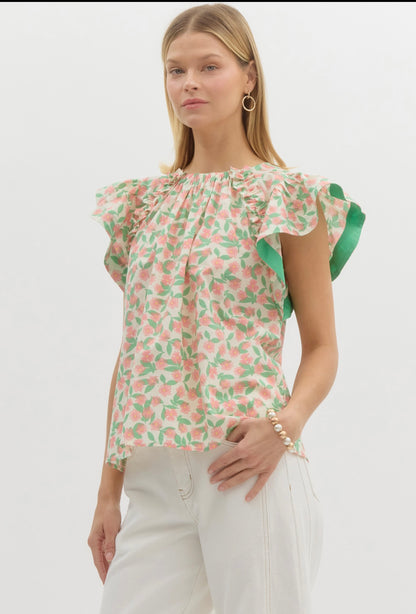 Pink Floral Flutter Sleeve Top
