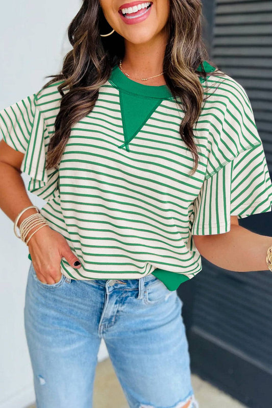 Green & white stripe ruffle sleeve shirt. Perfect for work or any event 