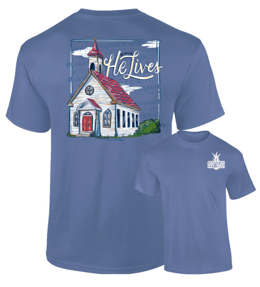 Southernology® Because He Lives Church Comfort Color Washed Denim T-shirt