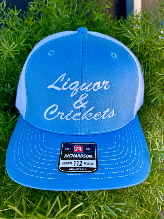 Liquor & Crickets embroidered Carolina Blue white mesh/lettering richardson hat