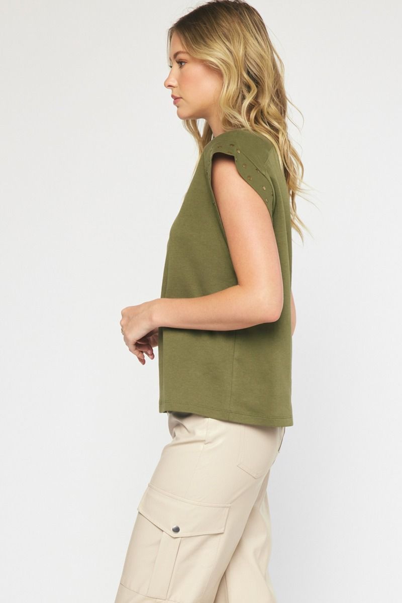 Studded Short Sleeve Top -Olive