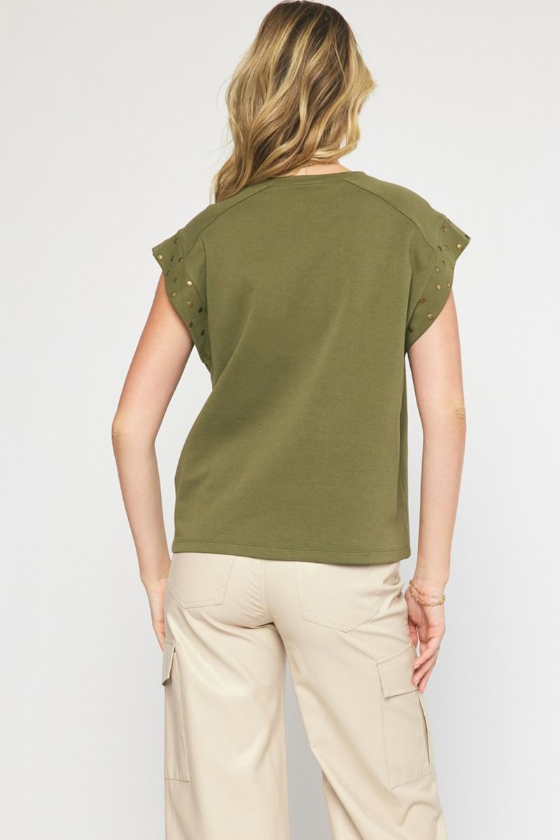 Studded Short Sleeve Top -Olive