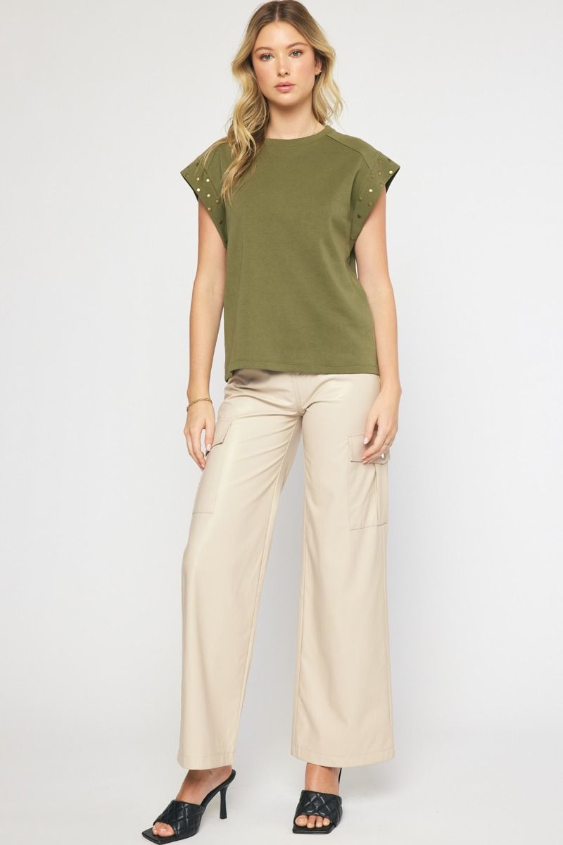 Studded Short Sleeve Top -Olive