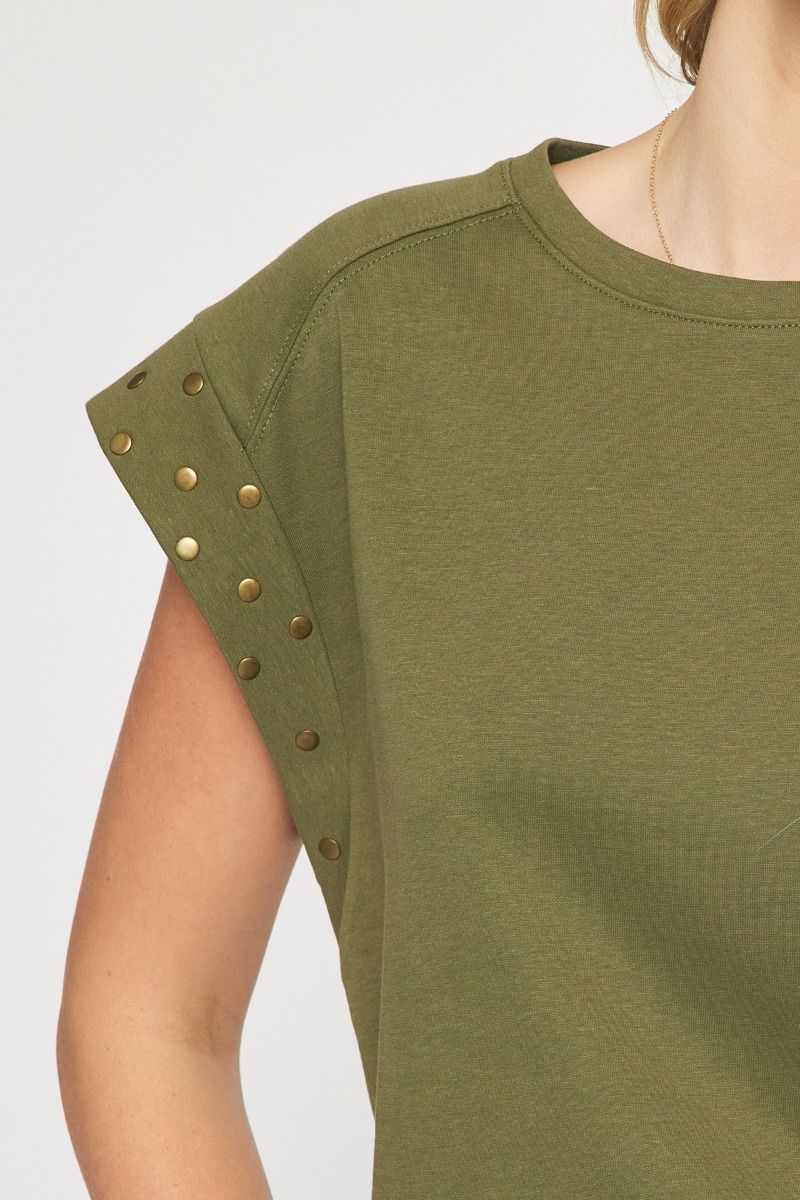 Studded Short Sleeve Top -Olive