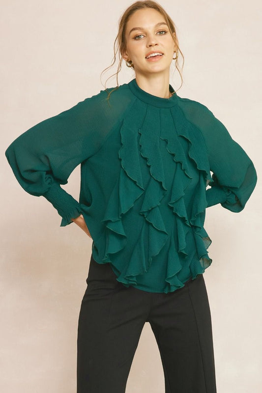 Long Sleeve Ruffle Top - Hunter Green