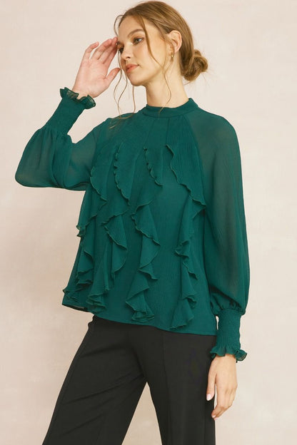 Long Sleeve Ruffle Top - Hunter Green