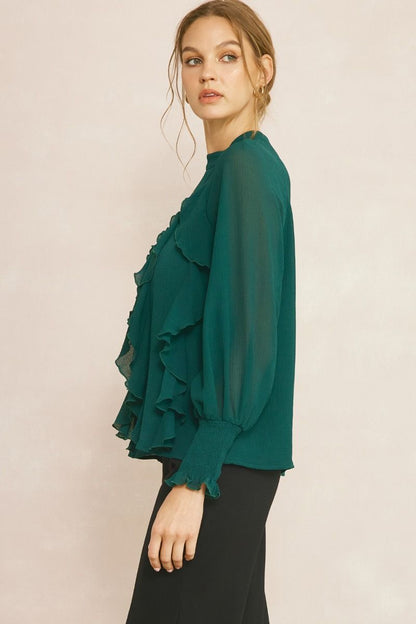 Long Sleeve Ruffle Top - Hunter Green