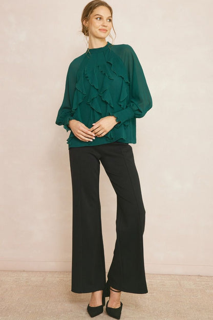 Long Sleeve Ruffle Top - Hunter Green