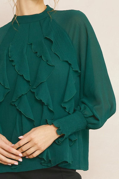 Long Sleeve Ruffle Top - Hunter Green