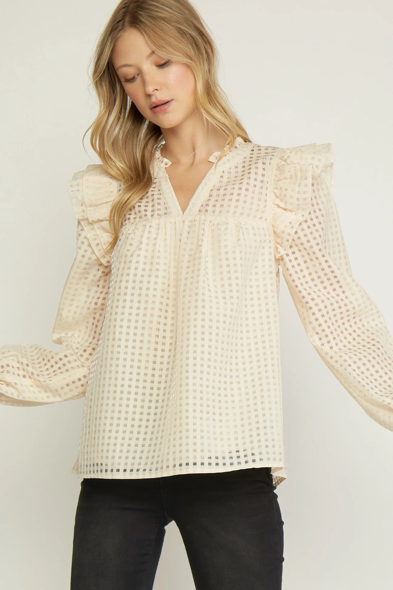 Grid V-Neck Long Sleeve Top