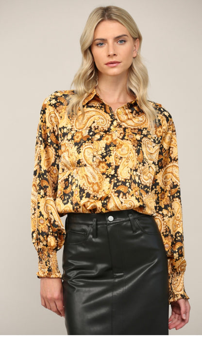 Mustard Paisley Button Down Top