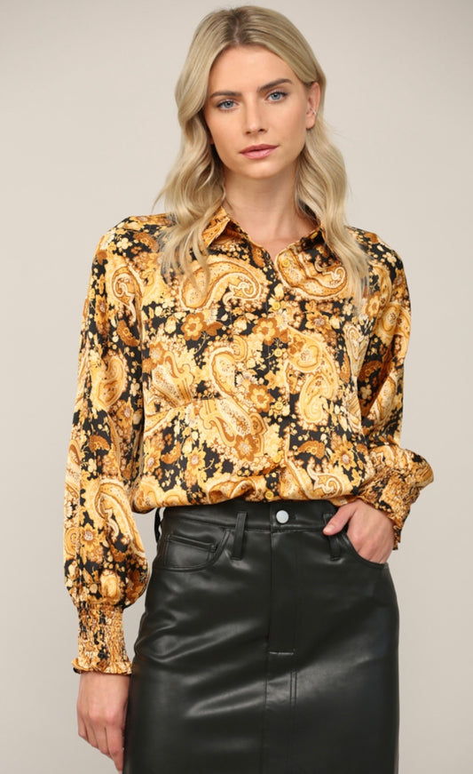 Mustard Paisley Button Down Top