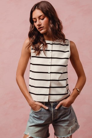 BUTTON FRONT STRIPE FINE SWEATER SLEEVELESS TOP
