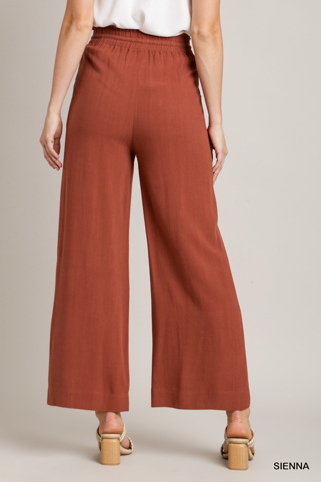 Sienna Linen Solid Pants smocking Waistband and Tie Detail