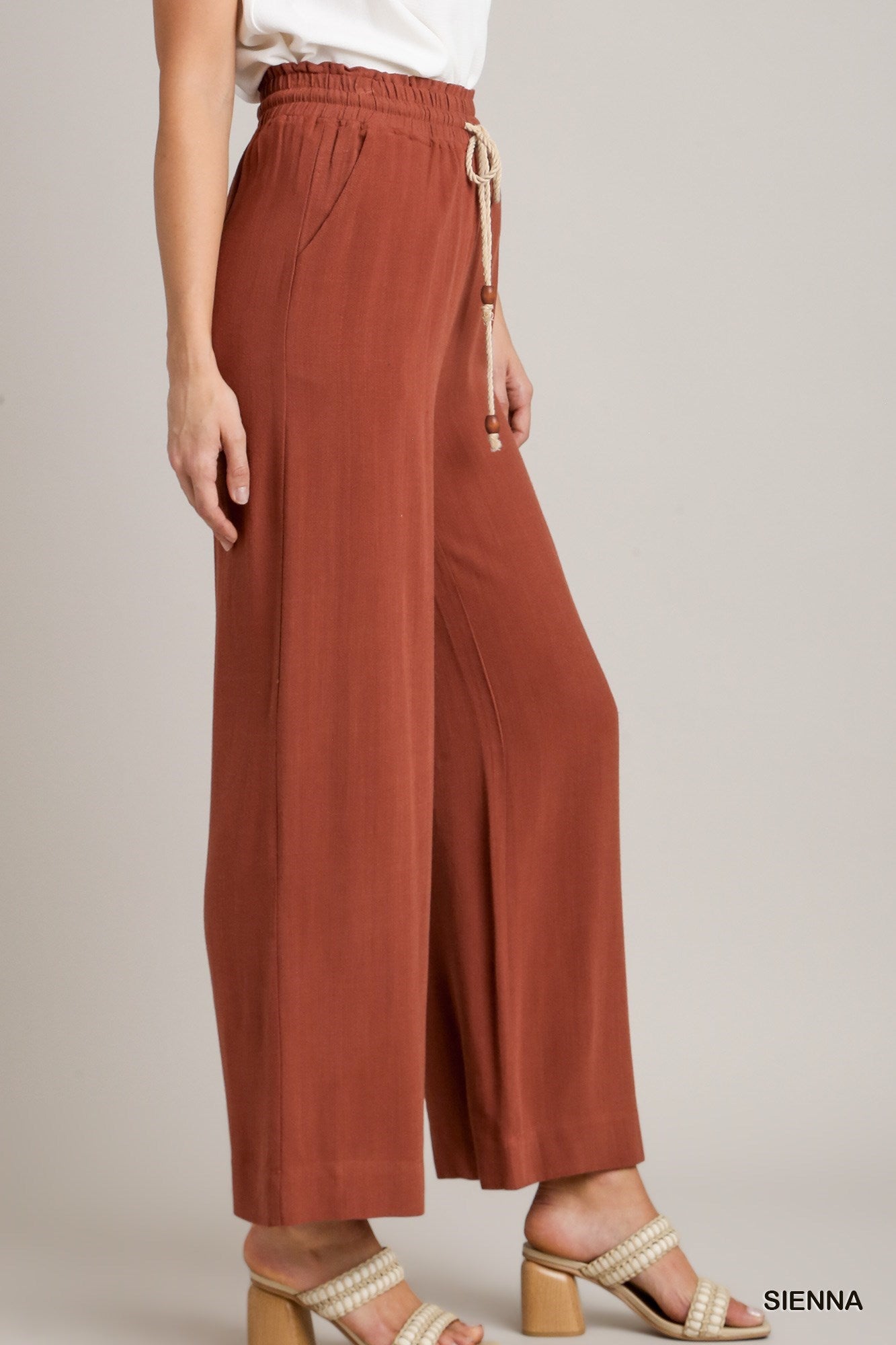 Sienna Linen Solid Pants smocking Waistband and Tie Detail