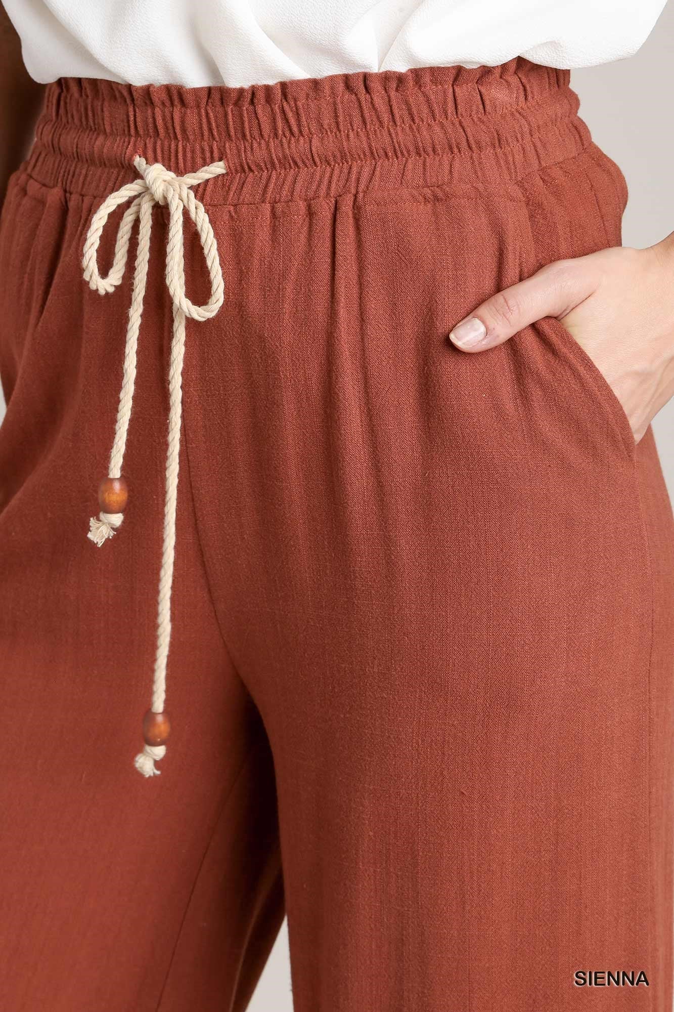 Sienna Linen Solid Pants smocking Waistband and Tie Detail