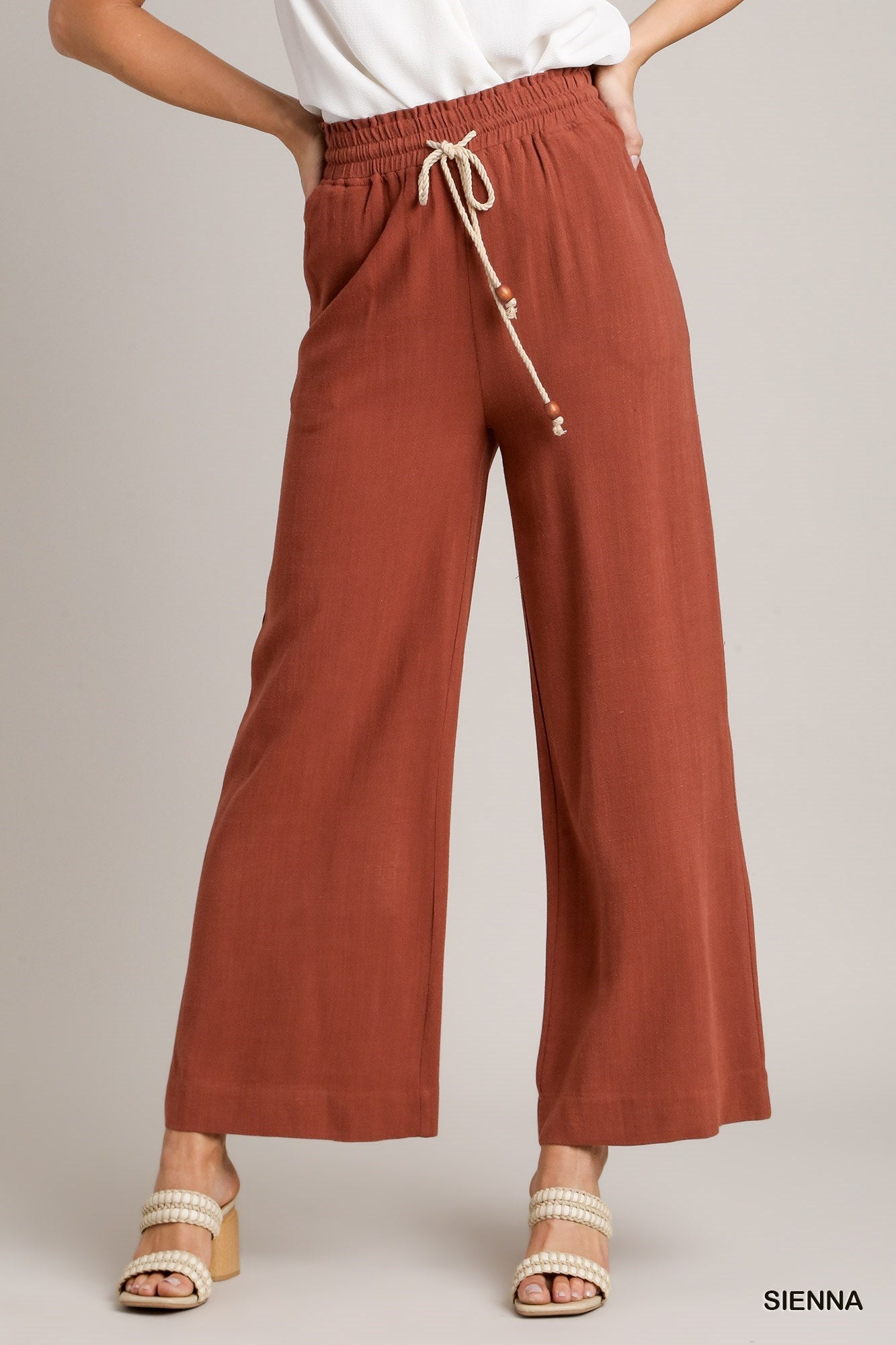 Sienna Linen Solid Pants smocking Waistband and Tie Detail