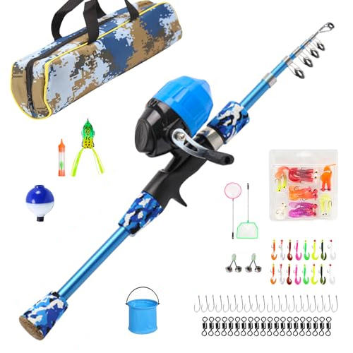 Fishing rod and reel set with accessories on a white background