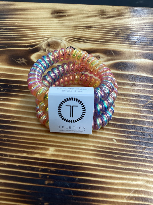 Large 3 pack Teleties iridescent rainbow spiral hair ties bracelet style 