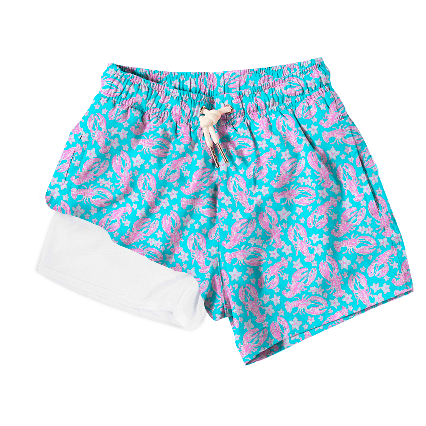 Turquoise shorts with pink floral pattern on a white background