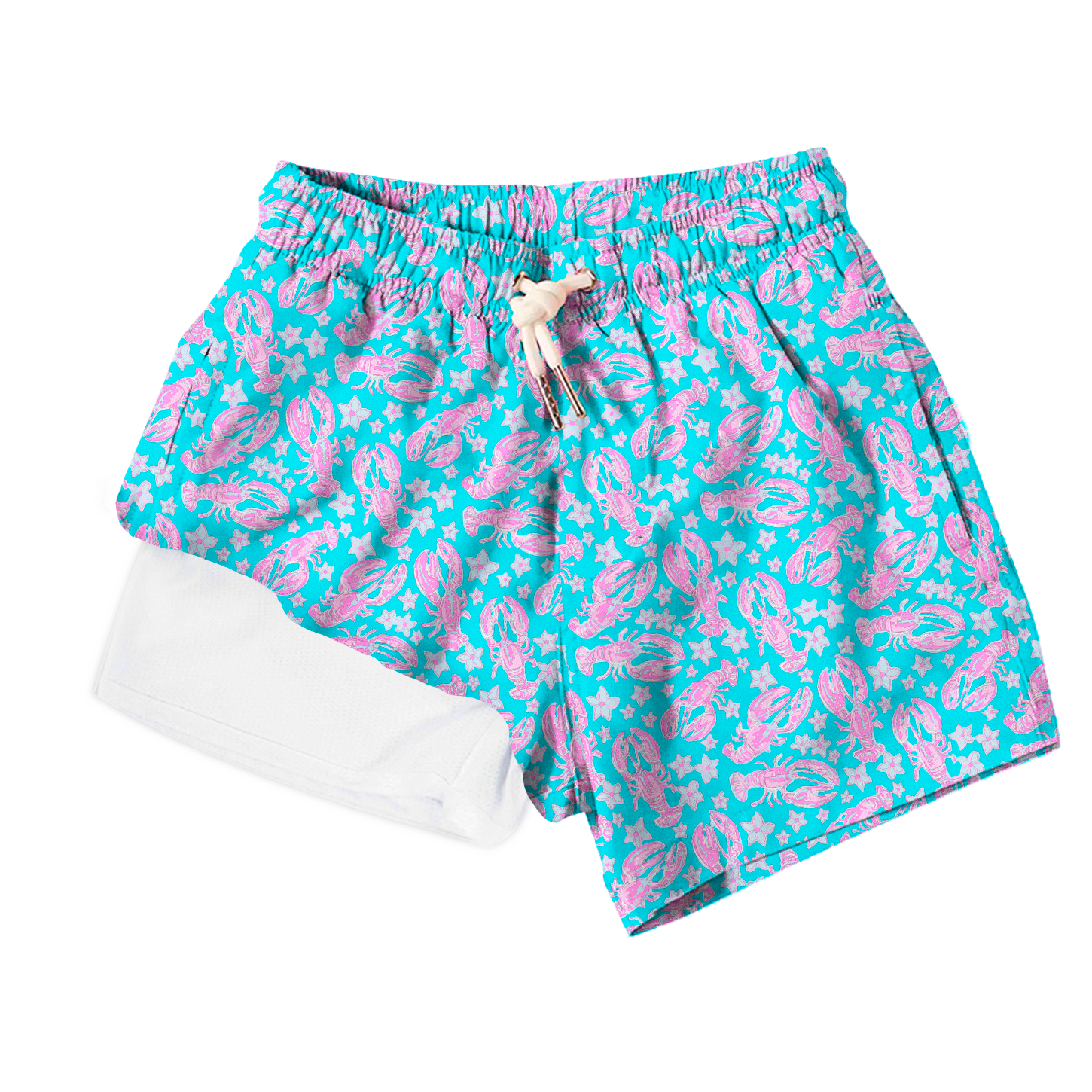 Turquoise shorts with pink floral pattern on a white background