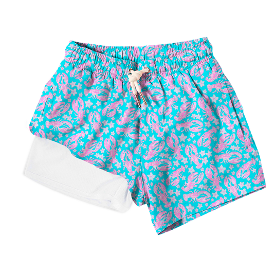 Turquoise shorts with pink floral pattern on a white background