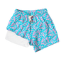 Turquoise shorts with pink floral pattern on a white background