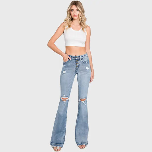 Petra - Mid Rise Stretch Flare Jeans (Light Wash)