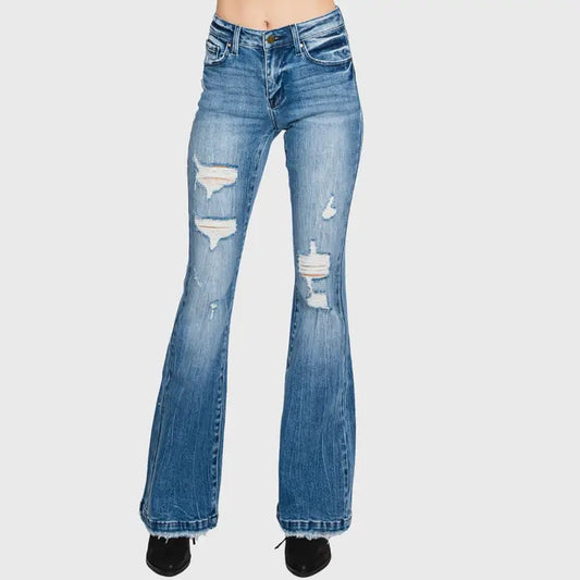 Petra - Distressed Mid Rise Stretch Flare with Trouser Hem