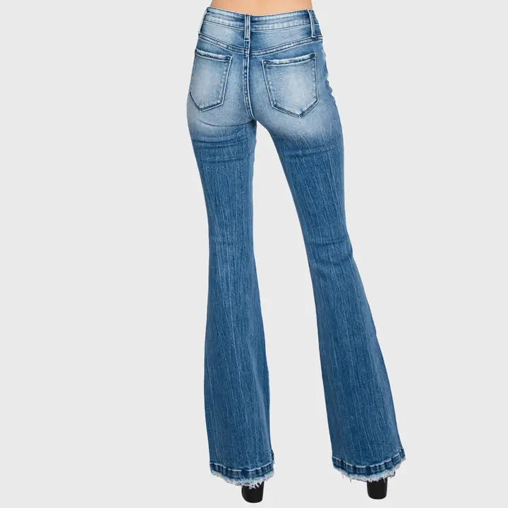 Petra - Distressed Mid Rise Stretch Flare with Trouser Hem