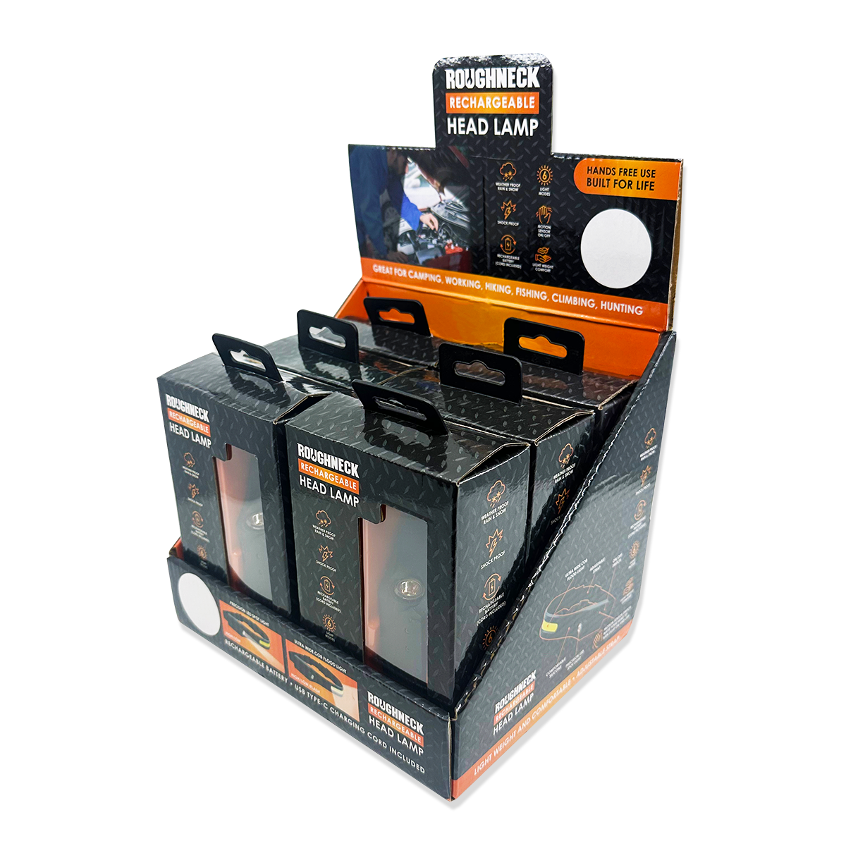 Display of Roughneck rechargeable headlamps with packaging on a white background