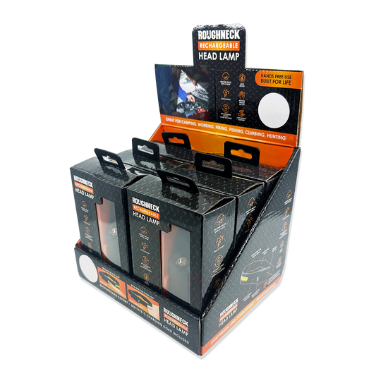 Display of Roughneck rechargeable headlamps with packaging on a white background